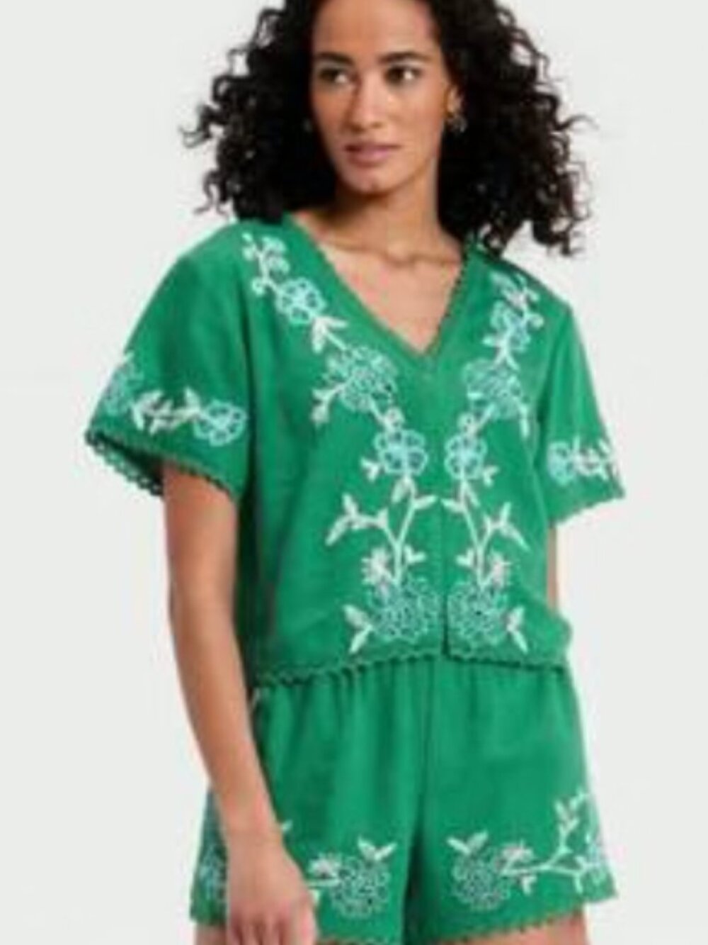 Short Sleeve Cutwork V-Neck Blouse